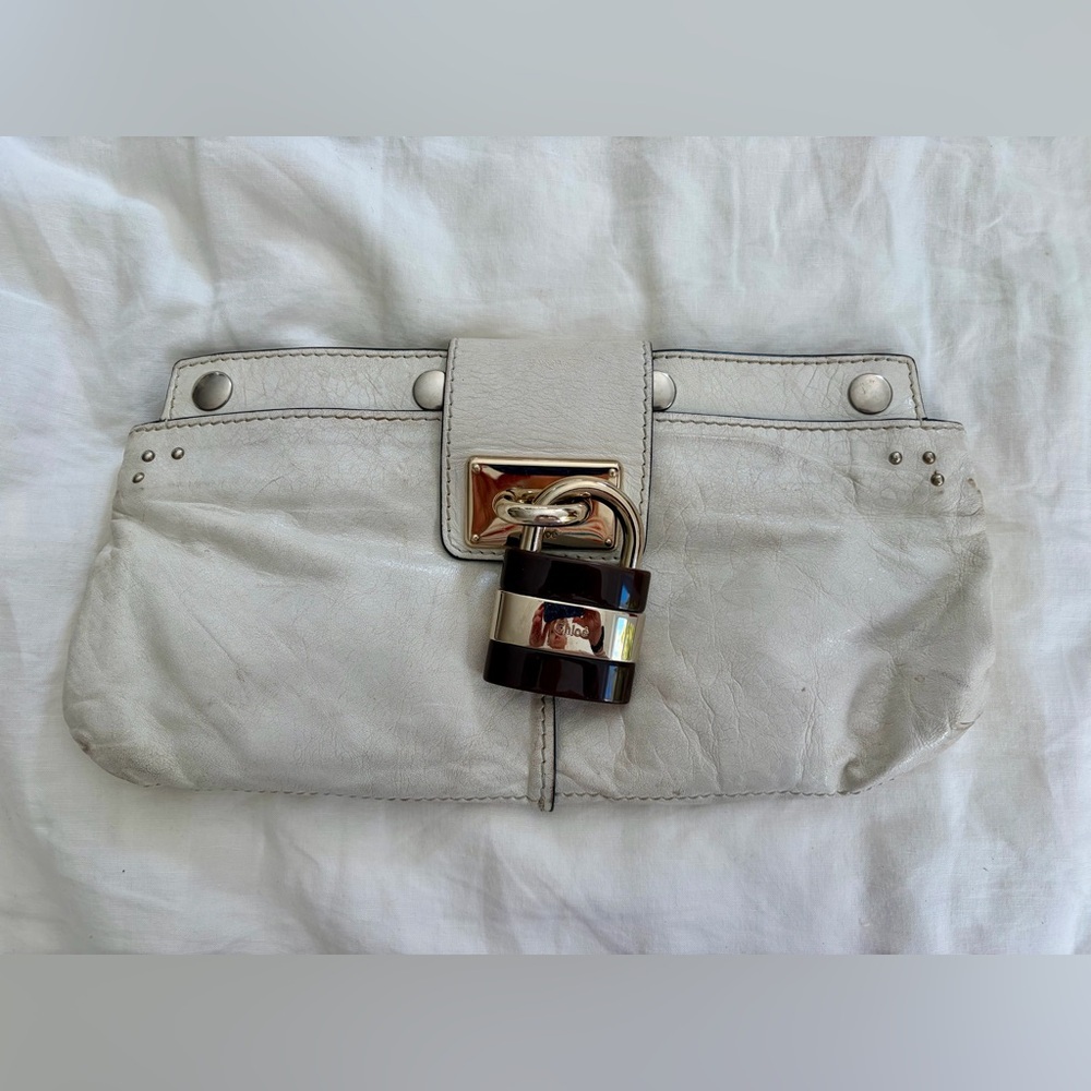 Chloe White Clutch with Silver and Gold Details